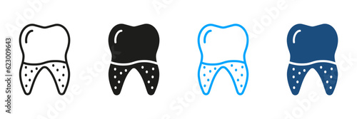 Dental Calculus Silhouette and Line Icons Set. Defective Teeth, Tartar Pictogram. Dentistry Sign. Dental Treatment Symbol Collection. Tooth Medical Disease, Oral Problem. Isolated Vector Illustration