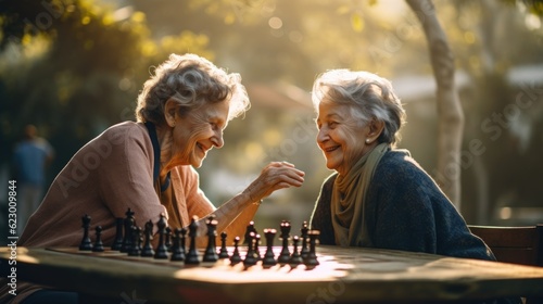 Two older women playing a game of chess. Generative AI image.