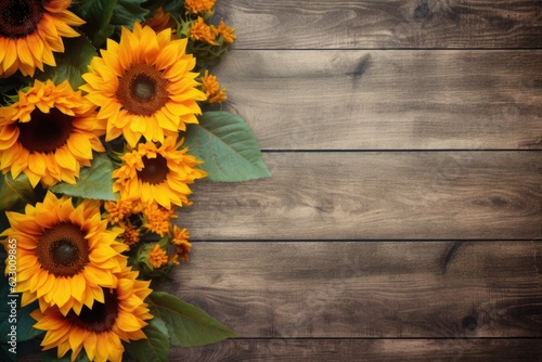 Autumn banner with a bouquet of yellow sunflowers on vintage textured wooden background