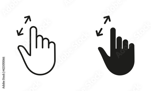 Zoom Gesture by Hand Finger Line and Silhouette Black Icon Set. Enlarge Screen, Rotate Screen Pictogram. Gesture Slide Up and Down Symbol Collection. Isolated Vector Illustration