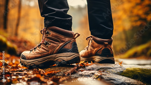 Man hiking up mountain trail close-up of leather hiking boot.ai generative