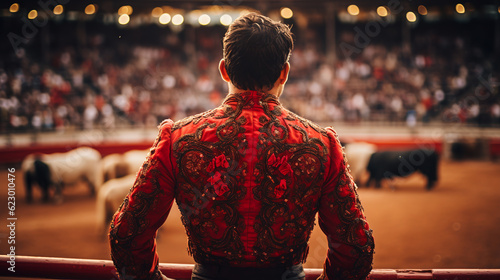 bullfighter on the background of the arena and bulls, blurred background. back view. ai generative photo