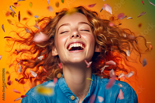 Joyful Girl Holiday Colorful Portrait. Cheerful Young Girl, Fashionable Birthday Celebration, Confetti and Petals, Bright Party Atmosphere, Smiling, Emotion-Filled Excitement. Generative AI.
