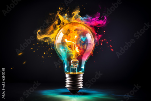 Creative light bulb explodes with colorful paint and splashes on a black background. Think creative differently idea concept.ai generative