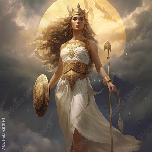 Athena Goddess Daughter Zeus from Greek Mythology. 
Goddess of Wisdom, War and Trades - AI Generated