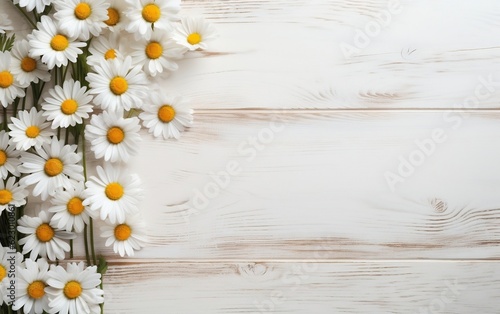 Daisy Flowers on White Wooden Background. Generative AI © Umar