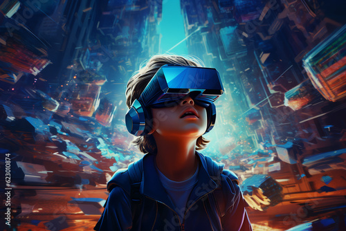 Digital technologies of the future. Boy wearing virtual reality glasses illustration. ai generative
