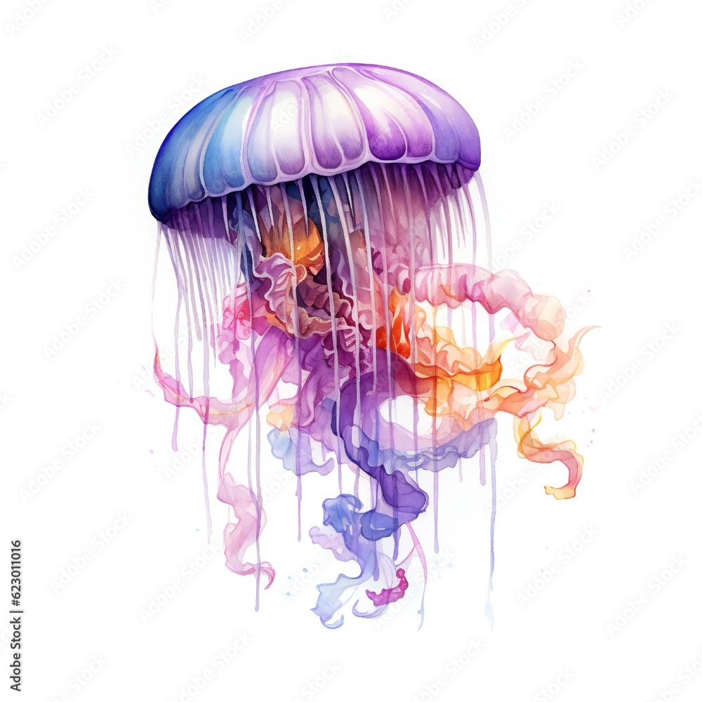 Fototapeta premium Watercolor Jellyfish on white background Generative AI