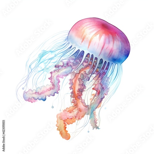 Watercolor Jellyfish on white background Generative AI
