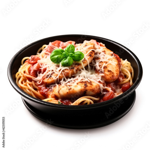 Chicken Parmesan with spaghetti and tomato sauce isolated on white background