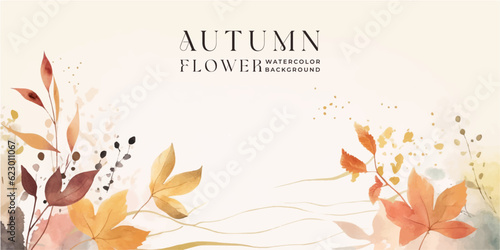 Autumn background vector. Hand painted watercolor and gold brush texture  Flower and botanical leaves hand drawing. Abstract art design for wallpaper  wall arts  cover   wedding and invite card.