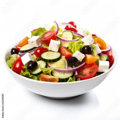 Greek salad in a bowl isolated on white background