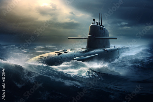 Nuclear powered cruise missile fast attack submarine surfacing in the ocean.ai generative