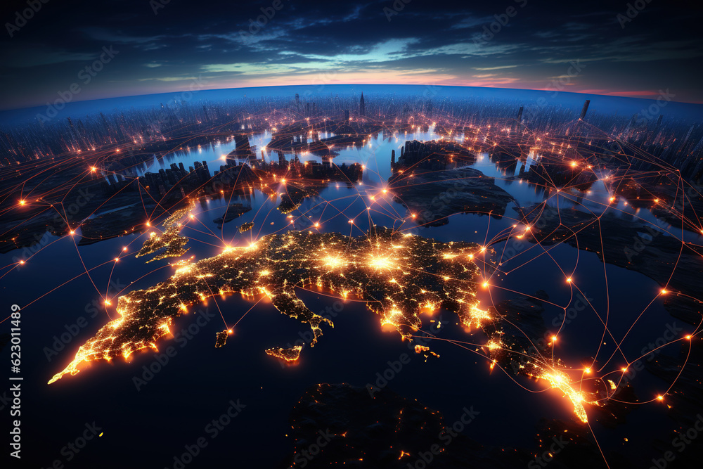 Global network and connection technology concept with city background, world network with nodes connected around earth, concept about internet and worldwide communication technology, AI Generative.