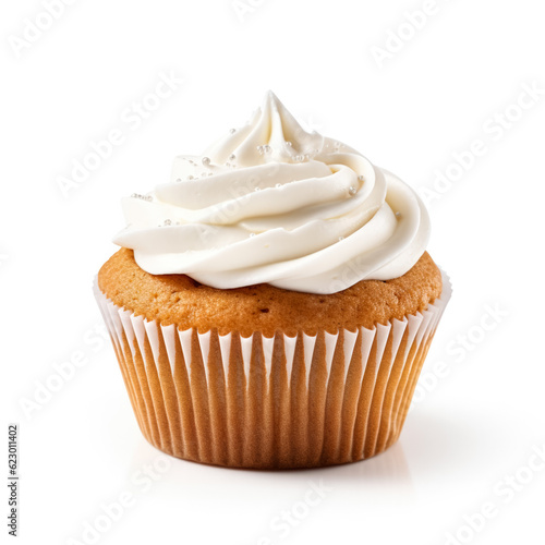 Cupcake with cream flakes isolated on white background. 