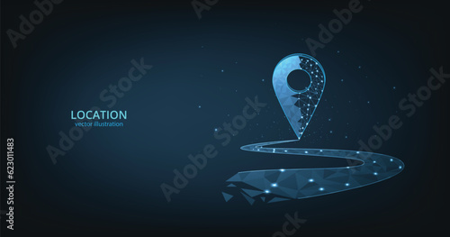 Light Blue GPS pin composed of polygon. Traveling digital concept. Location pin low poly design, vector illustration on dark blue background.	