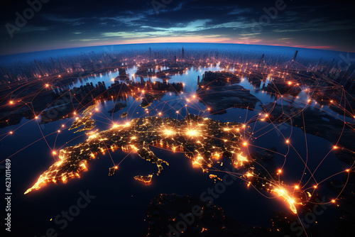 Global network and connection technology concept with city background, world network with nodes connected around earth, concept about internet and worldwide communication technology, AI Generative.