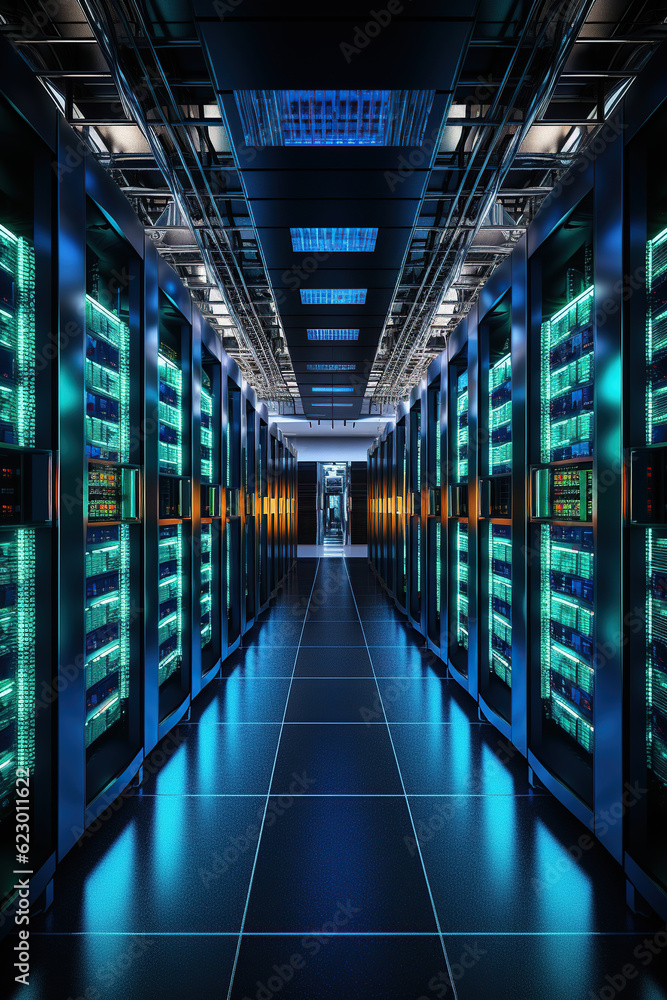 Server room, multiple server rack hall in a darkly lit office,  Data center with multiple rows, Server racks in computer network security server room, AI Generative