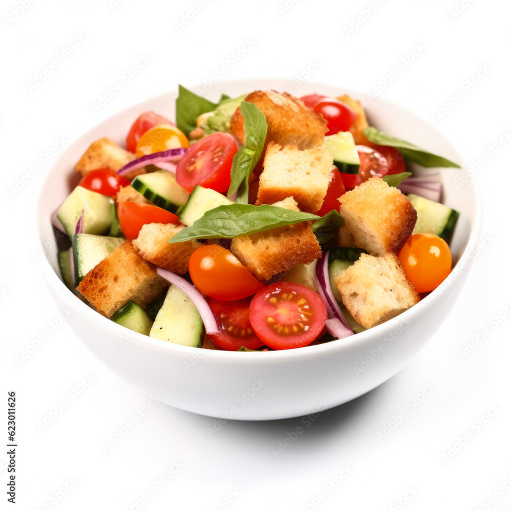 Panzanella salad in white plate closeup