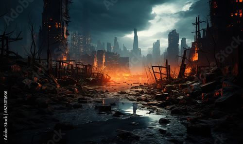 Panorama of modern futuristic city. Ruins of a destroyed city.