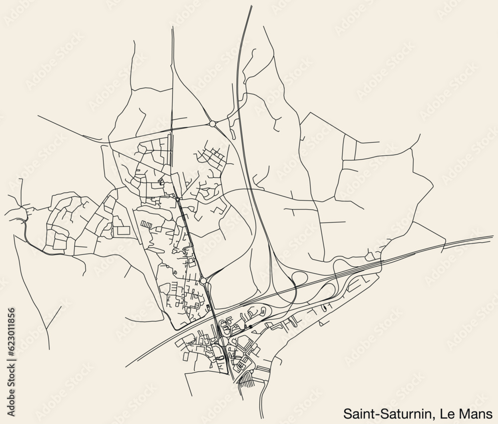 Detailed hand-drawn navigational urban street roads map of the SAINT-SATURNIN COMMUNE of the French city of LE MANS, France with vivid road lines and name tag on solid background