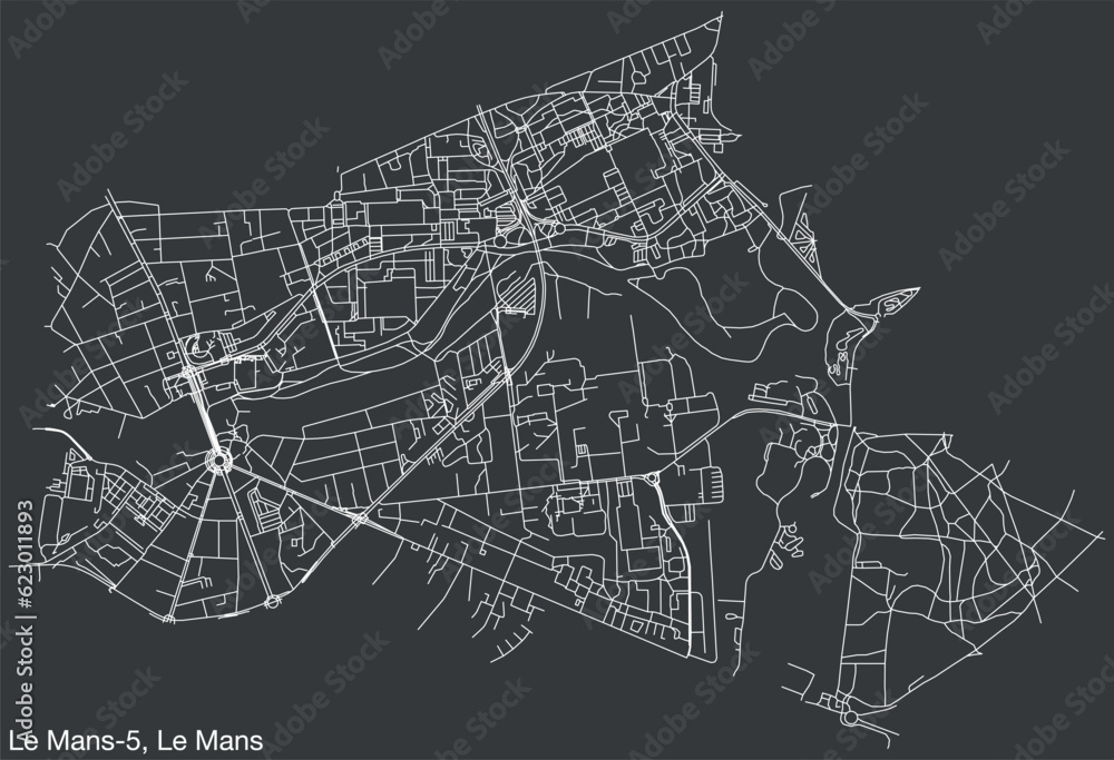 Detailed hand-drawn navigational urban street roads map of the LE MANS-5 CANTON of the French city of LE MANS, France with vivid road lines and name tag on solid background