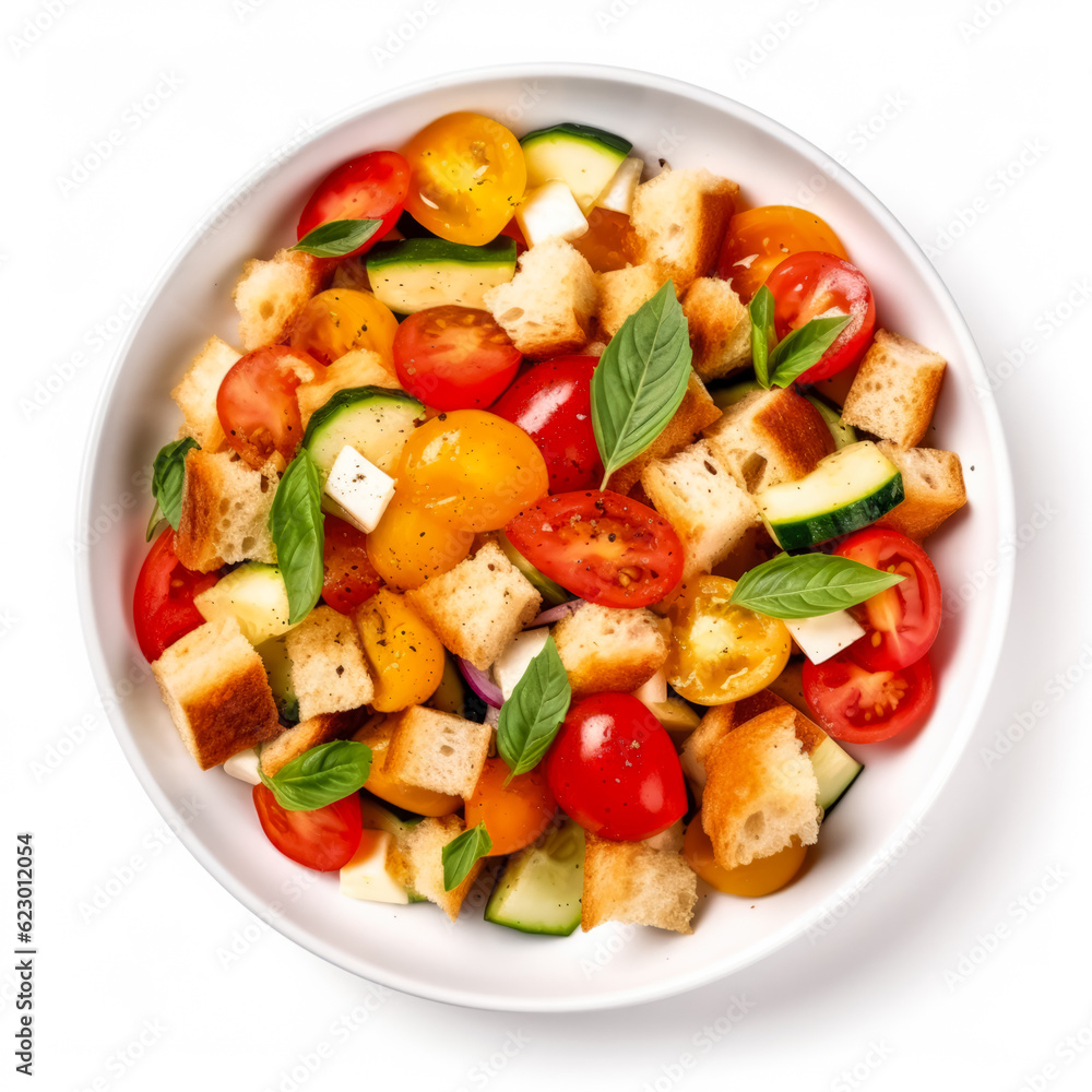 Panzanella salad in white plate closeup top view, isolated on white background