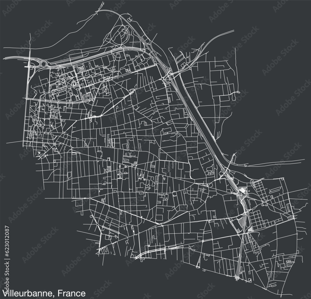 Detailed hand-drawn navigational urban street roads map of the French city of VILLEURBANNE, FRANCE with solid road lines and name tag on vintage background