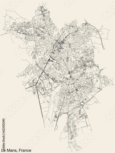 Detailed hand-drawn navigational urban street roads map of the French city of LE MANS  FRANCE with solid road lines and name tag on vintage background
