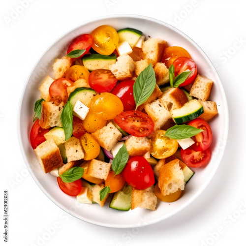 Panzanella salad in white plate closeup top view, isolated on white background