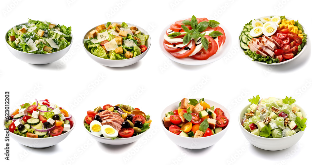 Set of Waldorf, Panzanella, Caprese, Greek, Cobb, Nicoise, Caesar classic salads isolated on white background