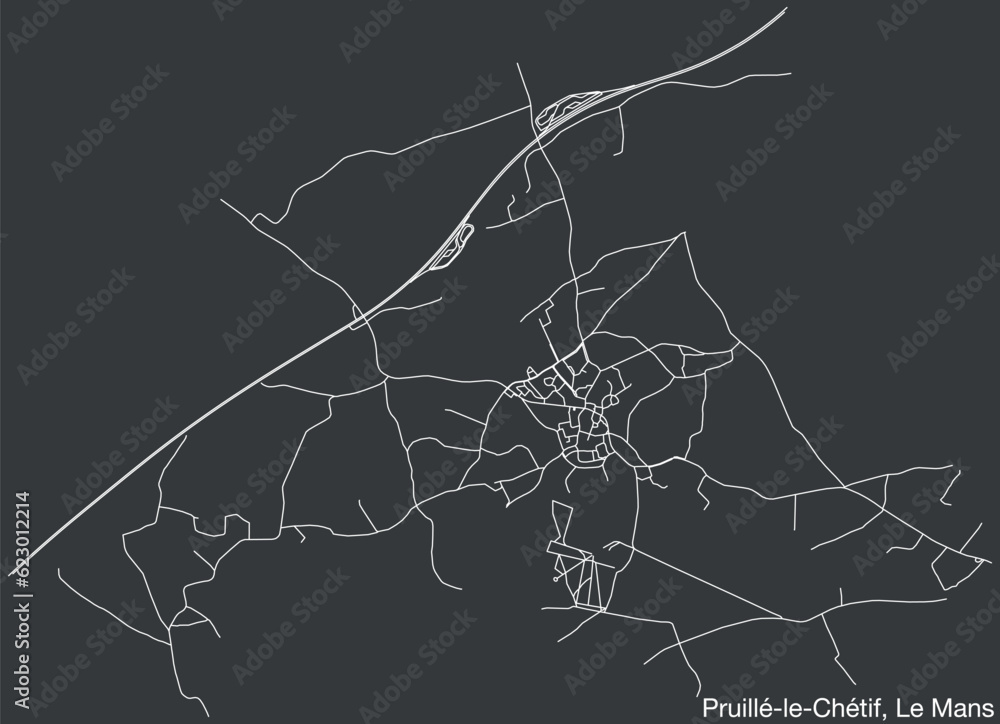 Detailed hand-drawn navigational urban street roads map of the PRUILLÉ-LE-CHÉTIF COMMUNE of the French city of LE MANS, France with vivid road lines and name tag on solid background