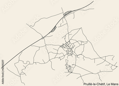 Detailed hand-drawn navigational urban street roads map of the PRUILLÉ-LE-CHÉTIF COMMUNE of the French city of LE MANS, France with vivid road lines and name tag on solid background