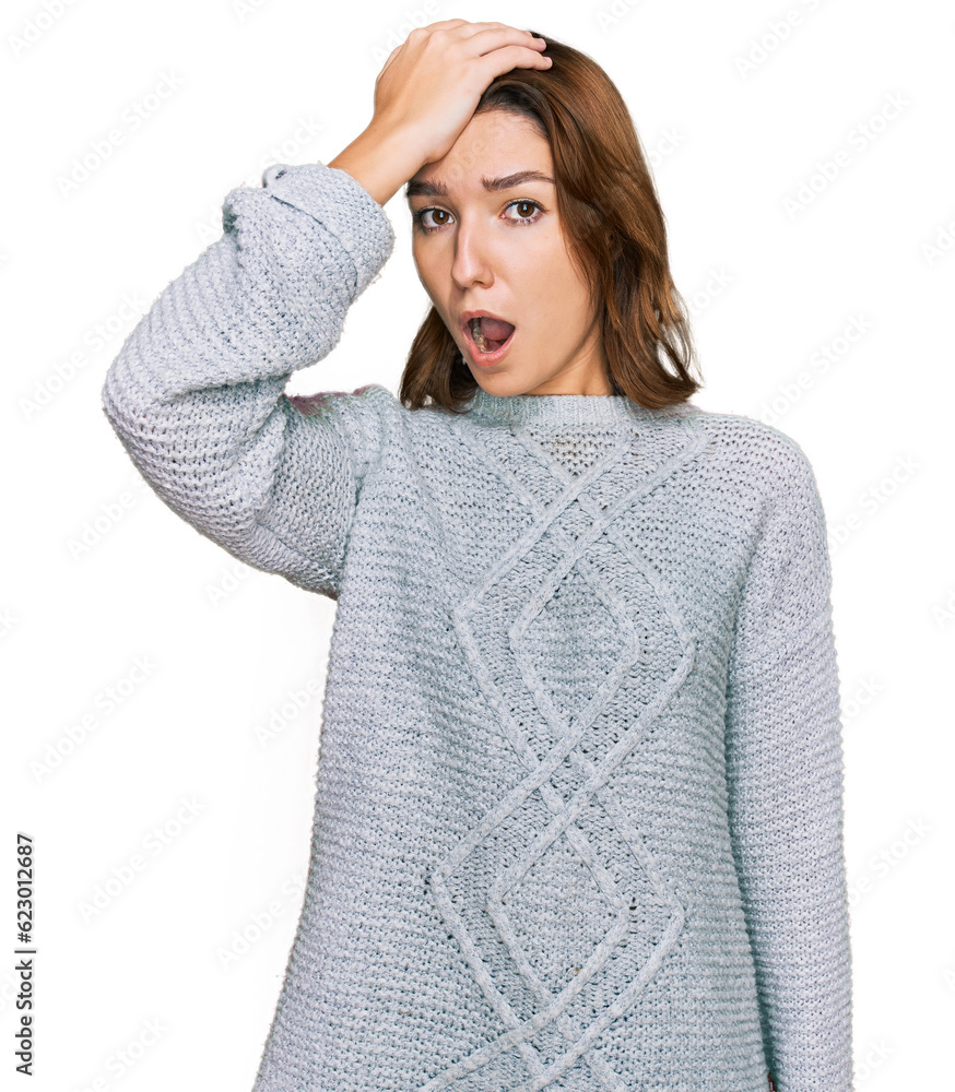 Young caucasian girl wearing casual clothes surprised with hand on head for mistake, remember error. forgot, bad memory concept. Young caucasian girl wearing casual clothes surprised with hand on head for mistake, remember error. forgot, bad memory concept.
