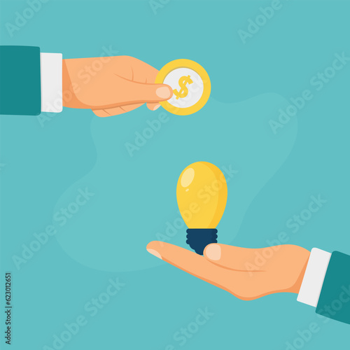 Buy and sell idea. Business transaction light bulb and money hold in hand. Investment concept. Cost of innovations. Vector illustration flat design. 