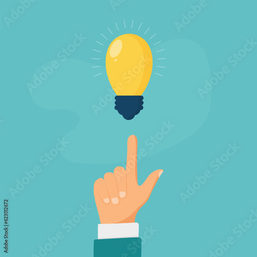 Pointing finger on bulb as a symbol big idea. Having new creative idea. Problem solution metaphor. Vector illustration flat design. Thinking processes. 