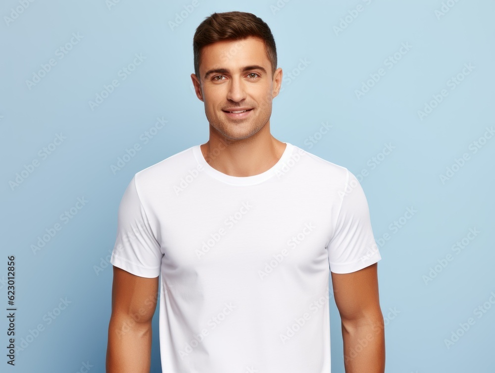 Fototapeta premium Fictional male model wearing a plain white t-shirt. Isolated on colored background. Generative AI illustration.