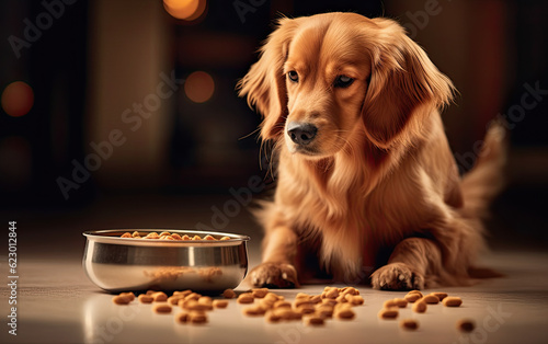 Domestic life with pet. Feeding hungry dog. The owner gives his dog a bowl of granules.