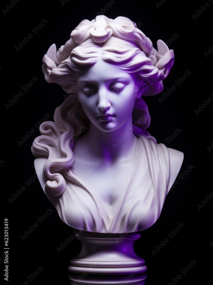 A white sculpture headbust of greek godness, in the style of historical reproductions