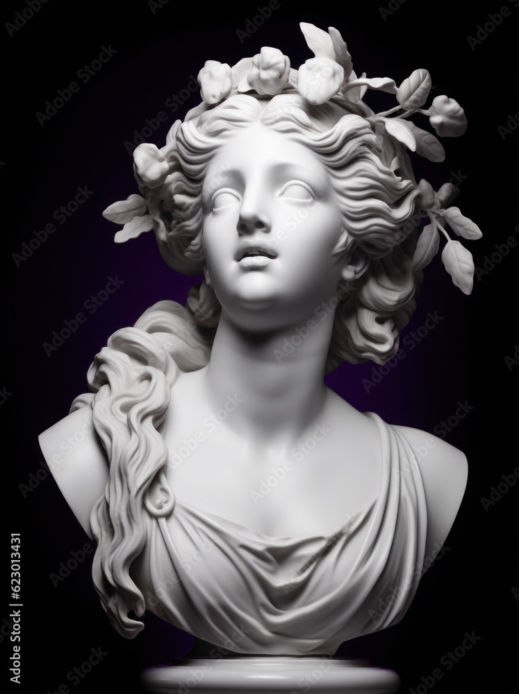 A white sculpture headbust of greek godness, in the style of historical reproductions
