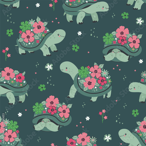 Seamless pattern with blooming turtles on a green background. Vector graphics.