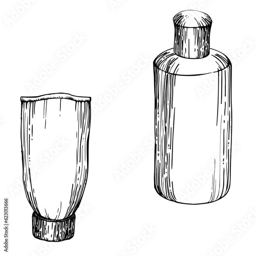 Hand drawn vector ink spa skincare bath beauty bottle and dispencer products package. Isolated object on white background. Design for wall art, wellness resort, print, fabric, cover, card, booklet.