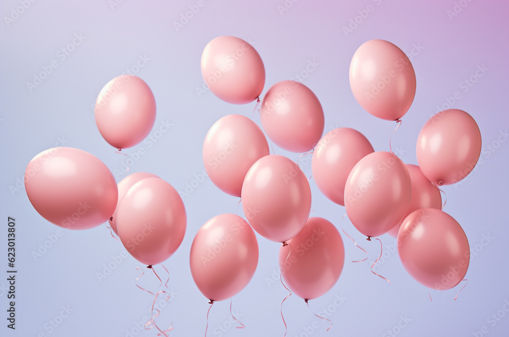 3d pink balloons on a blue background. birthday card. Generative AI