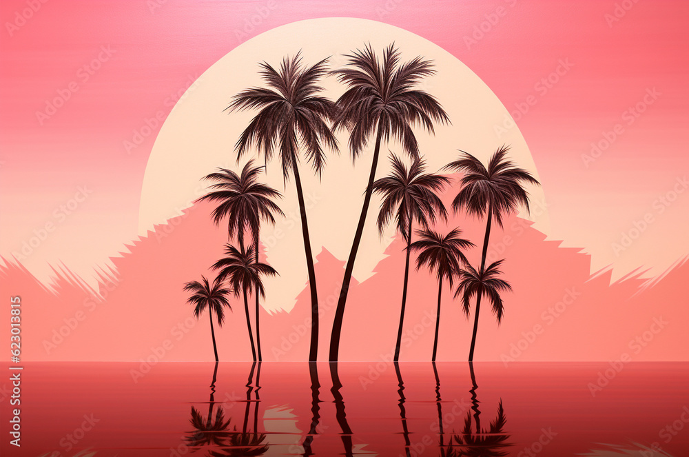 Pink sunset on the beach with palm trees. Futuristic landscape 1980s style. Digital landscape cyber surface. 80s party background. Reflection in the water. Generative ai