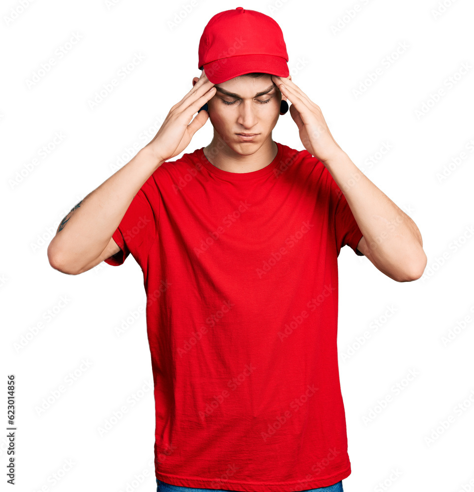 Young caucasian boy with ears dilation wearing delivery uniform and cap suffering from headache desperate and stressed because pain and migraine. hands on head.