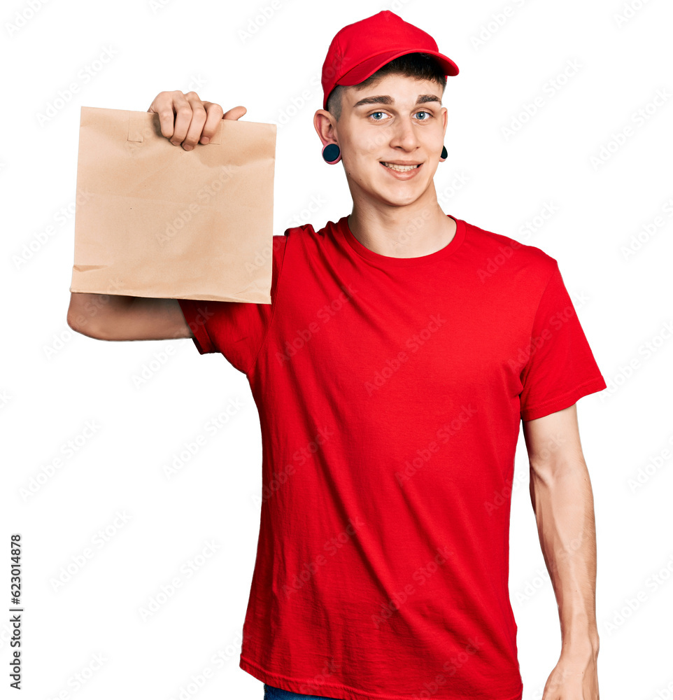 Young caucasian boy with ears dilation holding take away paper bag looking positive and happy standing and smiling with a confident smile showing teeth