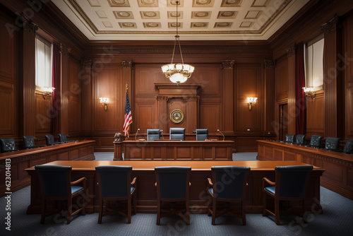 Empty American style courtroom. Supreme Court of Justice and Court of First Instance