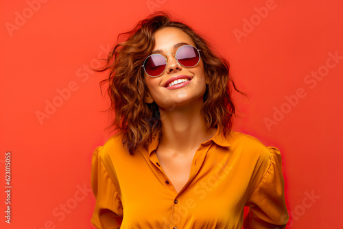 Summer Happy Woman. Joyful Girl in Stylish Trend Colors, Elegantly Posing with Vibrant Smile, Emotionally Positive, Romantic and Fashionable Student. Generative AI. photo