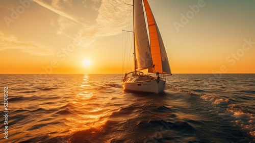 Fotografiet A sailboat sailing in the ocean at sunset. Generative AI image.