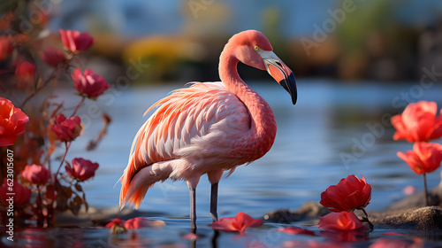 Flamingo walking, pink background Generative AI